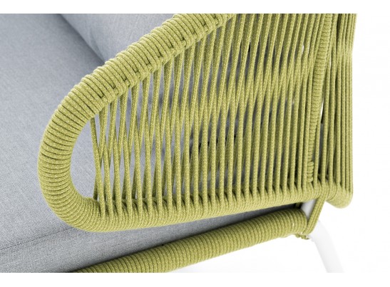 "Милан" диван 2-местный плетеный из роупа, каркас алюминий светло-серый (RAL7035) шагрень, роуп салатовый меланж круглый, ткань светло-сера? в Каменске-Уральском