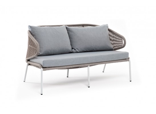 "Милан" диван 2-местный плетеный из роупа, каркас алюминий светло-серый (RAL7035) муар, роуп серый меланж круглый, ткань светло-серая в Каменске-Уральском