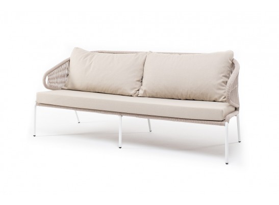 "Милан" диван 3-местный плетеный из роупа, каркас алюминий белый муар, роуп бежевый круглый, ткань бежевая 052 в Каменске-Уральском