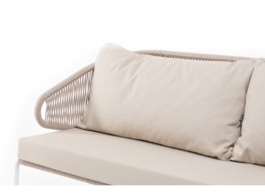 "Милан" диван 3-местный плетеный из роупа, каркас алюминий белый муар, роуп бежевый круглый, ткань бежевая 052 в Каменске-Уральском