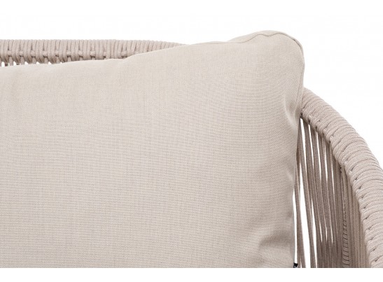 "Милан" диван 3-местный плетеный из роупа, каркас алюминий белый муар, роуп бежевый круглый, ткань бежевая 052 в Каменске-Уральском
