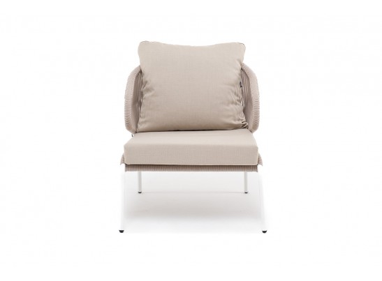 "Милан" кресло плетеное из роупа, каркас алюминий белый муар, роуп бежевый круглый, ткань бежевая 052 в Каменске-Уральском