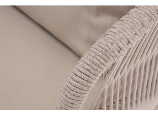 "Милан" кресло плетеное из роупа, каркас алюминий белый муар, роуп бежевый круглый, ткань бежевая 052 в Каменске-Уральском