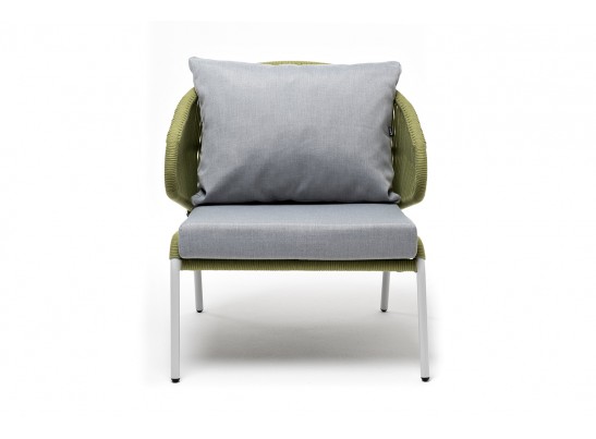 "Милан" кресло плетеное из роупа, каркас алюминий светло-серый (RAL7035) муар, роуп салатовый меланж круглый, ткань светло-серая в Каменске-Уральском