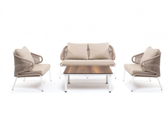 "Милан" лаунж-зона 4-местная плетеная из роупа (веревки), каркас алюминиевый белый, роуп бежевый в Каменске-Уральском