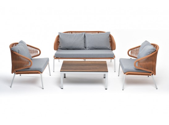 "Милан" лаунж-зона 4-местная плетеная из роупа (веревки), каркас алюминиевый светло-серый, роуп оранжевый меланж в Каменске-Уральском