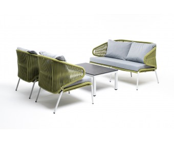 "Милан" лаунж-зона 4-местная плетеная из роупа (веревки), каркас алюминиевый светло-серый, роуп салатовый меланж