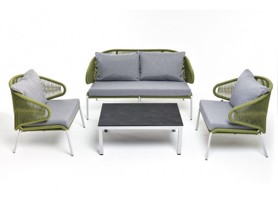 "Милан" лаунж-зона 4-местная плетеная из роупа (веревки), каркас алюминиевый светло-серый, роуп салатовый меланж в Каменске-Уральском