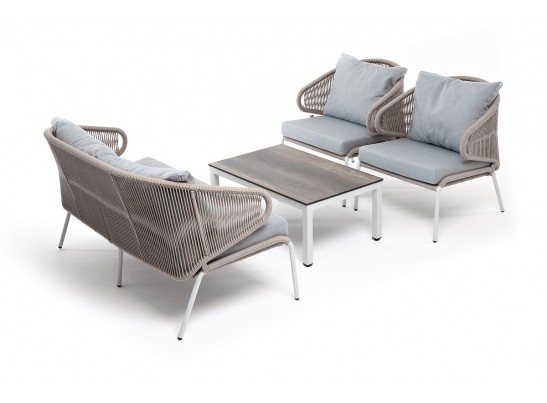 "Милан" лаунж-зона 4-местная плетеная из роупа (веревки), каркас алюминиевый белый, роуп бежевый в Каменске-Уральском