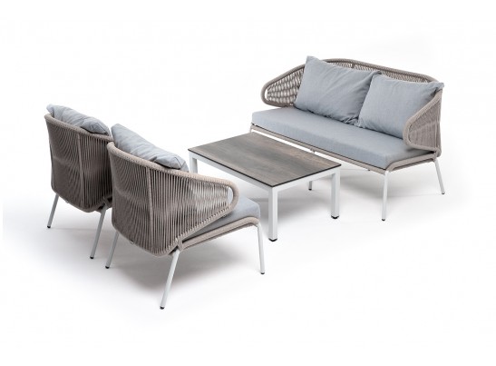 "Милан" лаунж-зона 4-местная плетеная из роупа (веревки), каркас алюминиевый белый, роуп бежевый в Каменске-Уральском