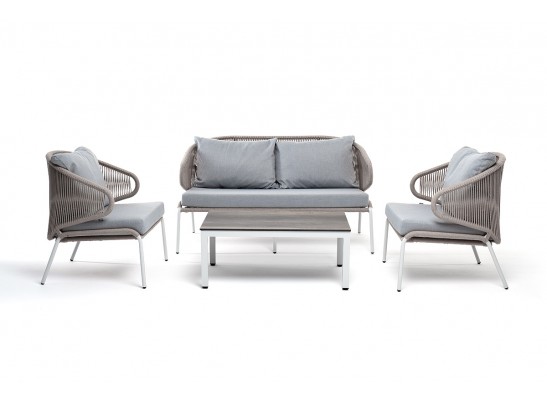 "Милан" лаунж-зона 4-местная плетеная из роупа (веревки), каркас алюминиевый белый, роуп бежевый в Каменске-Уральском