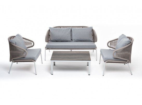 "Милан" лаунж-зона 4-местная плетеная из роупа (веревки), каркас алюминиевый белый, роуп бежевый в Каменске-Уральском