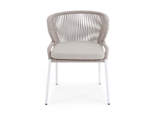 "Милан" стул плетеный из роупа, каркас алюминий белый муар, роуп бежевый круглый, ткань бежевая 052 в Каменске-Уральском