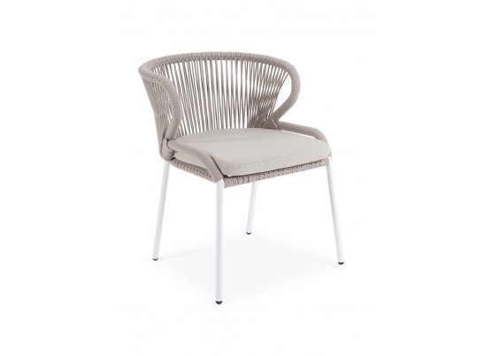 "Милан" стул плетеный из роупа, каркас алюминий белый муар, роуп бежевый круглый, ткань бежевая 052 в Каменске-Уральском