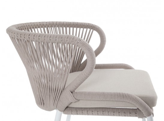 "Милан" стул плетеный из роупа, каркас алюминий белый муар, роуп бежевый круглый, ткань бежевая 052 в Каменске-Уральском