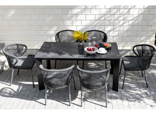 "Милан" стул плетеный из роупа, каркас алюминий темно-серый (RAL7024) шагрень, роуп темно-серый круглый, ткань темно-серая в Каменске-Уральском