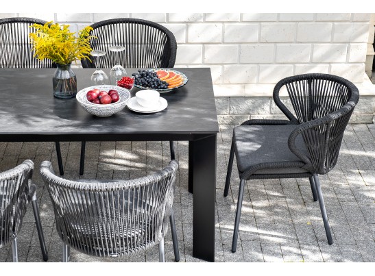 "Милан" стул плетеный из роупа, каркас алюминий темно-серый (RAL7024) шагрень, роуп темно-серый круглый, ткань темно-серая в Каменске-Уральском