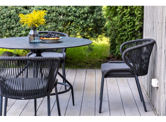 "Милан" стул плетеный из роупа, каркас алюминий темно-серый (RAL7024) шагрень, роуп темно-серый круглый, ткань темно-серая в Каменске-Уральском