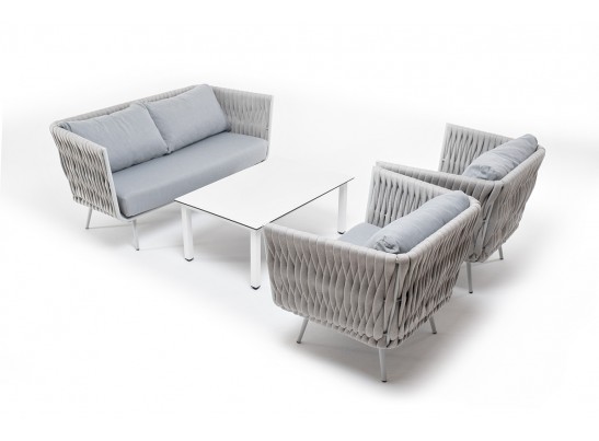 "Монако" лаунж-зона 4-местная из роупа со столом "Верона" (серый гранит), каркас светло-серый, роуп светло-серый в Каменске-Уральском