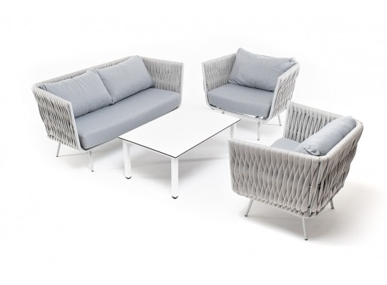 "Монако" лаунж-зона 4-местная из роупа со столом "Верона" (серый гранит), каркас светло-серый, роуп светло-серый в Каменске-Уральском