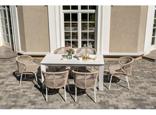 "Венето" обеденная группа на 6 персон со стульями "Милан", каркас белый, роуп бежевый в Каменске-Уральском