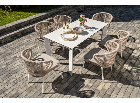"Венето" обеденная группа на 6 персон со стульями "Милан", каркас белый, роуп бежевый в Каменске-Уральском