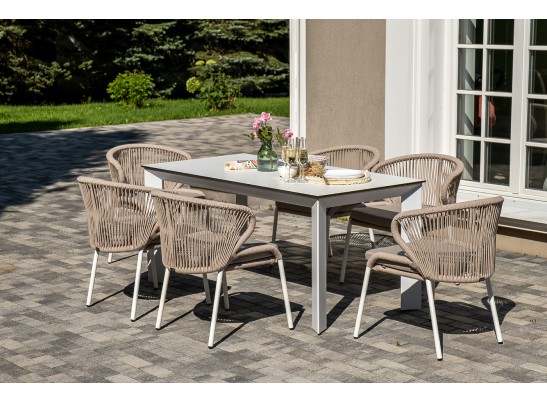 "Венето" обеденная группа на 6 персон со стульями "Милан", каркас белый, роуп бежевый в Каменске-Уральском