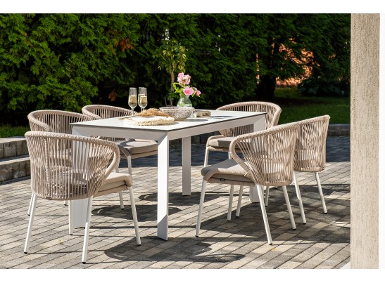 "Венето" обеденная группа на 6 персон со стульями "Милан", каркас белый, роуп бежевый в Каменске-Уральском