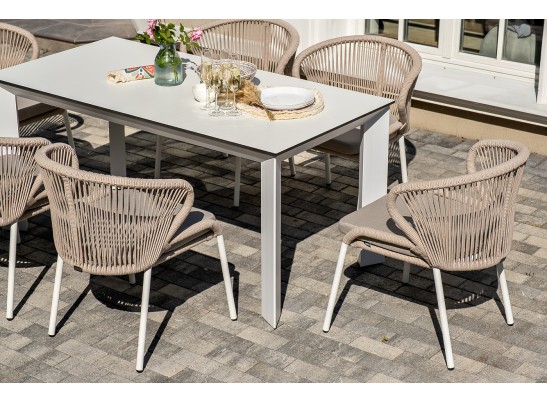 "Венето" обеденная группа на 6 персон со стульями "Милан", каркас белый, роуп бежевый в Каменске-Уральском