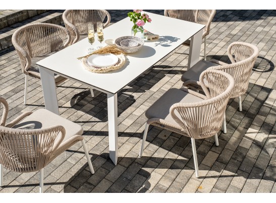 "Венето" обеденная группа на 6 персон со стульями "Милан", каркас белый, роуп бежевый в Каменске-Уральском