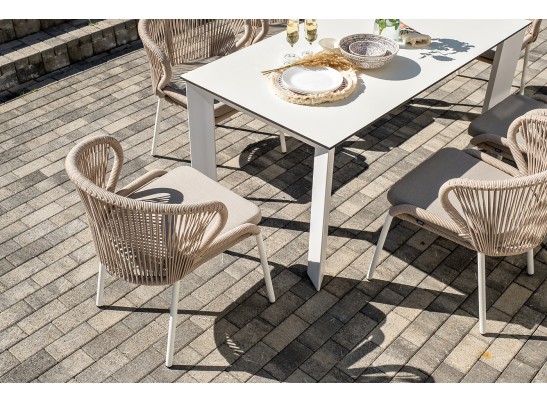 "Венето" обеденная группа на 6 персон со стульями "Милан", каркас белый, роуп бежевый в Каменске-Уральском