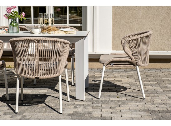 "Венето" обеденная группа на 6 персон со стульями "Милан", каркас белый, роуп бежевый в Каменске-Уральском