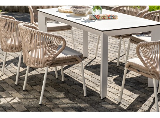 "Венето" обеденная группа на 6 персон со стульями "Милан", каркас белый, роуп бежевый в Каменске-Уральском