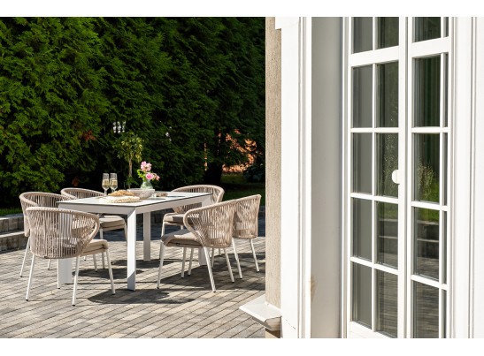 "Венето" обеденная группа на 6 персон со стульями "Милан", каркас белый, роуп бежевый в Каменске-Уральском