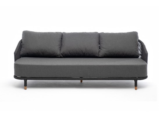 "Верона" диван 3-местный плетеный из роупа, каркас алюминий темно-серый (RAL7024) муар, роуп темно-серый круглый, ткань темно-серая 027 в Каменске-Уральском