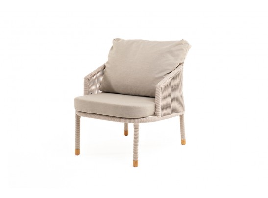 "Верона" кресло плетеное из роупа, каркас алюминий белый муар, роуп бежевый круглый, ткань бежевая 052 в Каменске-Уральском