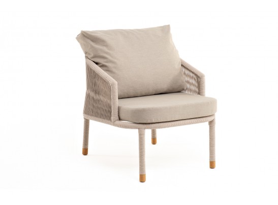 "Верона" кресло плетеное из роупа, каркас алюминий белый муар, роуп бежевый круглый, ткань бежевая 052 в Каменске-Уральском