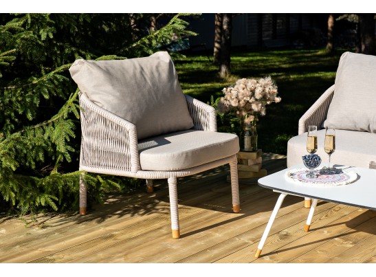 "Верона" кресло плетеное из роупа, каркас алюминий белый муар, роуп бежевый круглый, ткань бежевая 052 в Каменске-Уральском