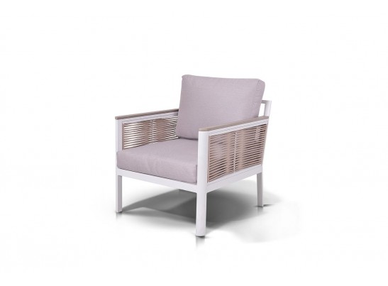 "Сан Ремо" кресло плетеное из роупа садовое, каркас алюминий белый, роуп бежевый, ткань бежевая в Каменске-Уральском