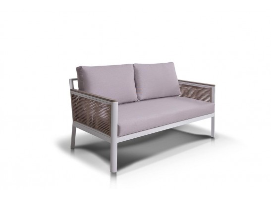 "Сан Ремо" диван 2-местный плетеный из роупа, каркас алюминий белый, роуп бежевый, ткань бежевая в Каменске-Уральском