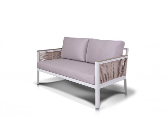 "Сан Ремо" диван 2-местный плетеный из роупа, каркас алюминий белый, роуп бежевый, ткань бежевая в Каменске-Уральском