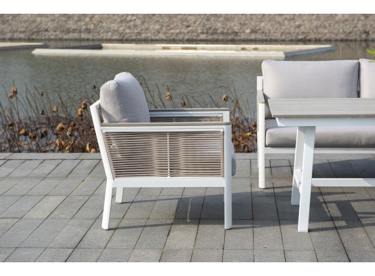 "Сан Ремо" кресло плетеное из роупа садовое, каркас алюминий белый, роуп бежевый, ткань бежевая в Каменске-Уральском