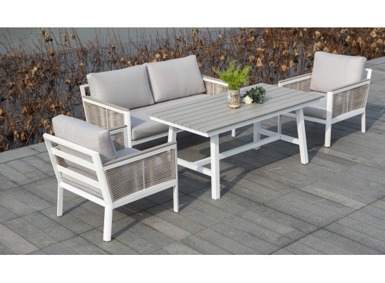 "Сан Ремо" кресло плетеное из роупа садовое, каркас алюминий белый, роуп бежевый, ткань бежевая в Каменске-Уральском