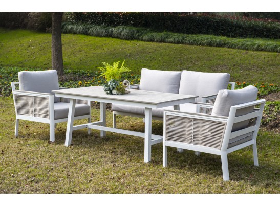 "Сан Ремо" кресло плетеное из роупа садовое, каркас алюминий белый, роуп бежевый, ткань бежевая в Каменске-Уральском