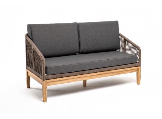 "Канны" диван 2-местный плетеный из роупа, основание дуб, роуп коричневый круглый, ткань темно-серая 027 в Каменске-Уральском