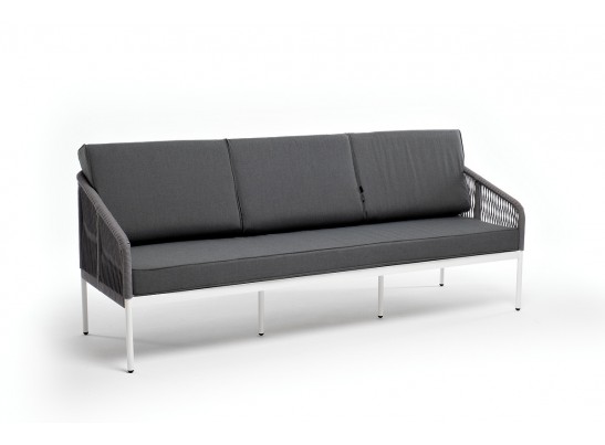 "Канны" диван 3-местный плетеный из роупа, каркас алюминий белый муар, роуп светло-серый круглый, ткань серая 017 в Каменске-Уральском