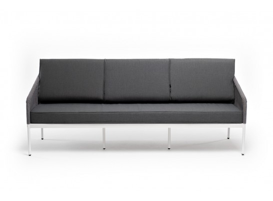 "Канны" диван 3-местный плетеный из роупа, каркас алюминий белый муар, роуп светло-серый круглый, ткань серая 017 в Каменске-Уральском