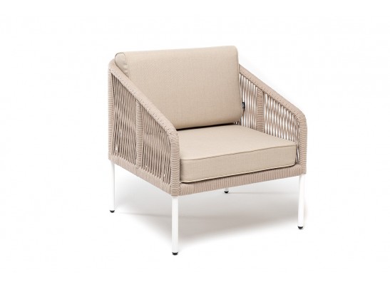 "Канны" кресло плетеное из роупа (веревки), каркас алюминий белый, роуп бежевый, ткань бежевая в Каменске-Уральском