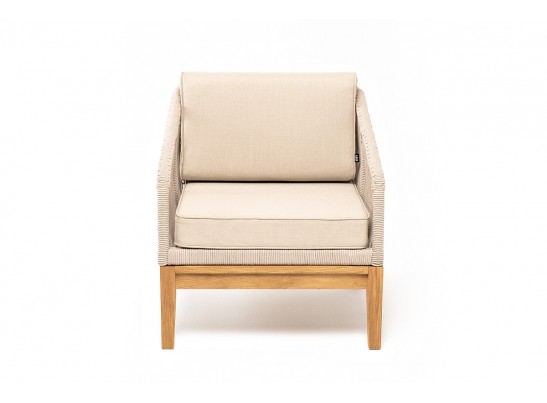 "Канны" кресло плетеное из роупа, основание дуб, роуп бежевый круглый, ткань бежевая 052 в Каменске-Уральском