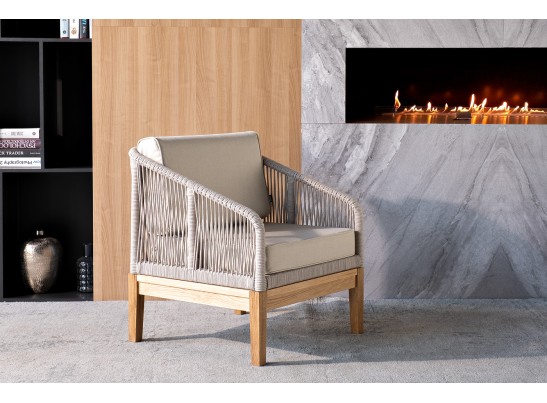 "Канны" кресло плетеное из роупа, основание дуб, роуп бежевый круглый, ткань бежевая 052 в Каменске-Уральском